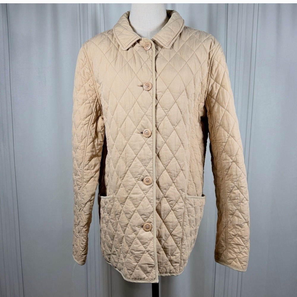 L.L. Bean Women XL Beige Quilted Jacket Plaid Lined Barn Coat Diamond Thermore